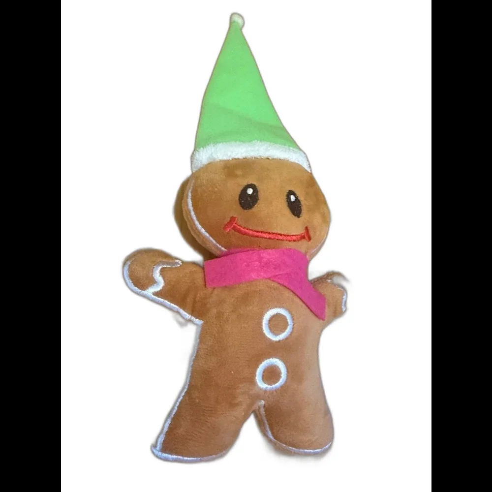 Christmas Gingerbread Plush Dog Toy Elf Holiday Pet Toy Green Hat Pink Scarf